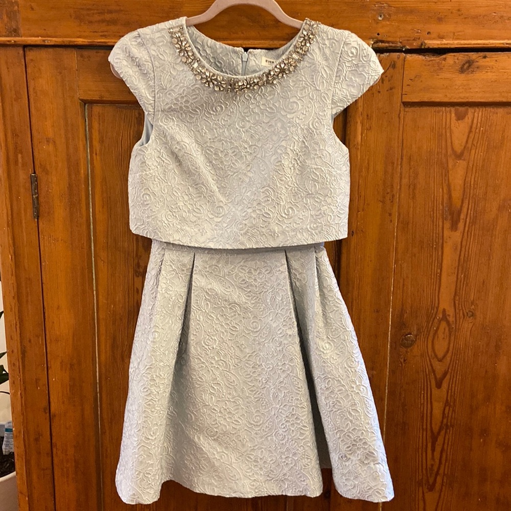 evernew blue dress with jeweled neckline